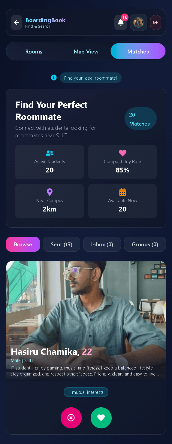 BoardingBook Roommate Finder UI